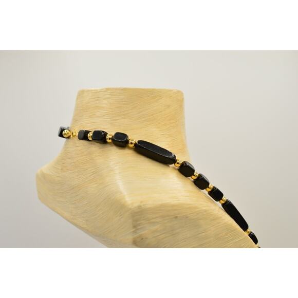 Trifari Black Beaded Necklace Statement Gold Geometric 32" Vintage Signed BinR - Picture 7 of 10